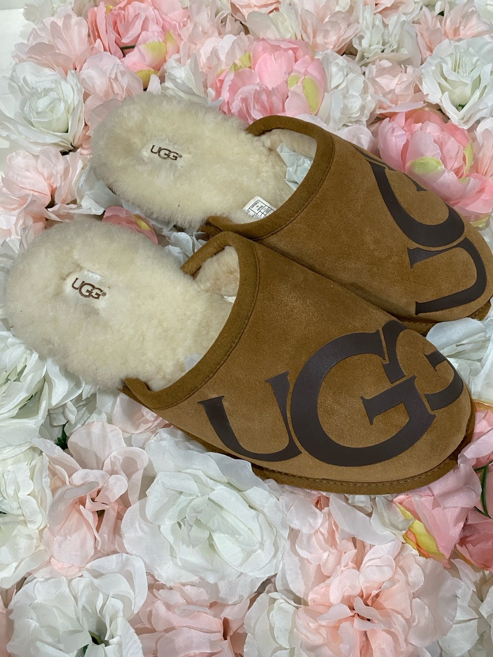 UGG Chestnut Logo Suede Shearling Mule Slippers